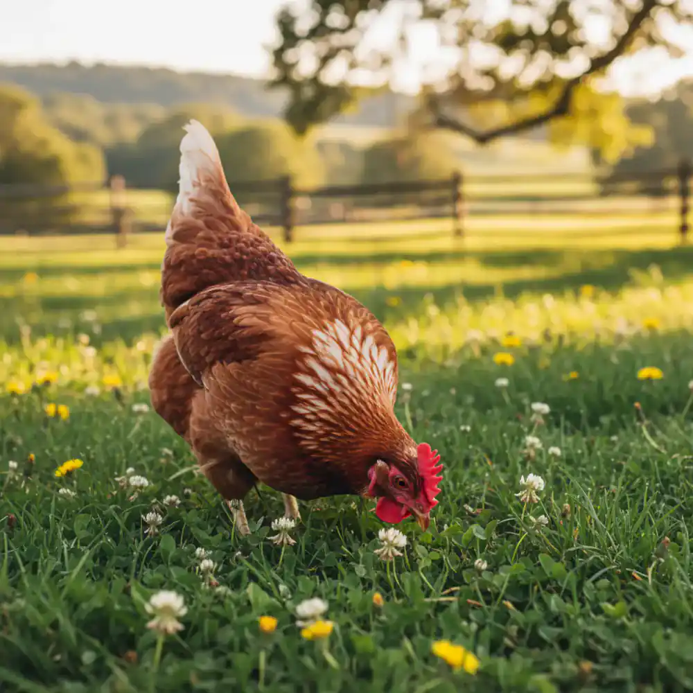 Golden Comet chicken in a sunny pasture