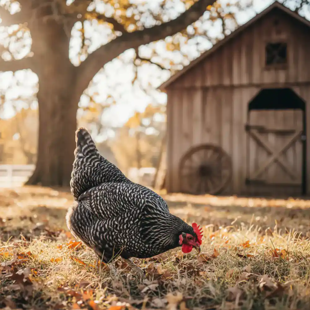 Barred Plymouth Rock hen foraging
