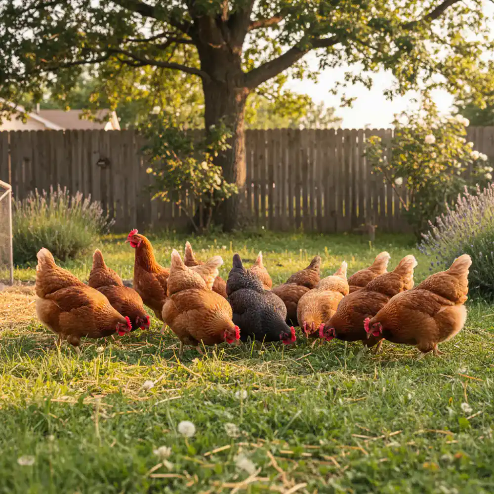 Flock of hens in a grassy backyard