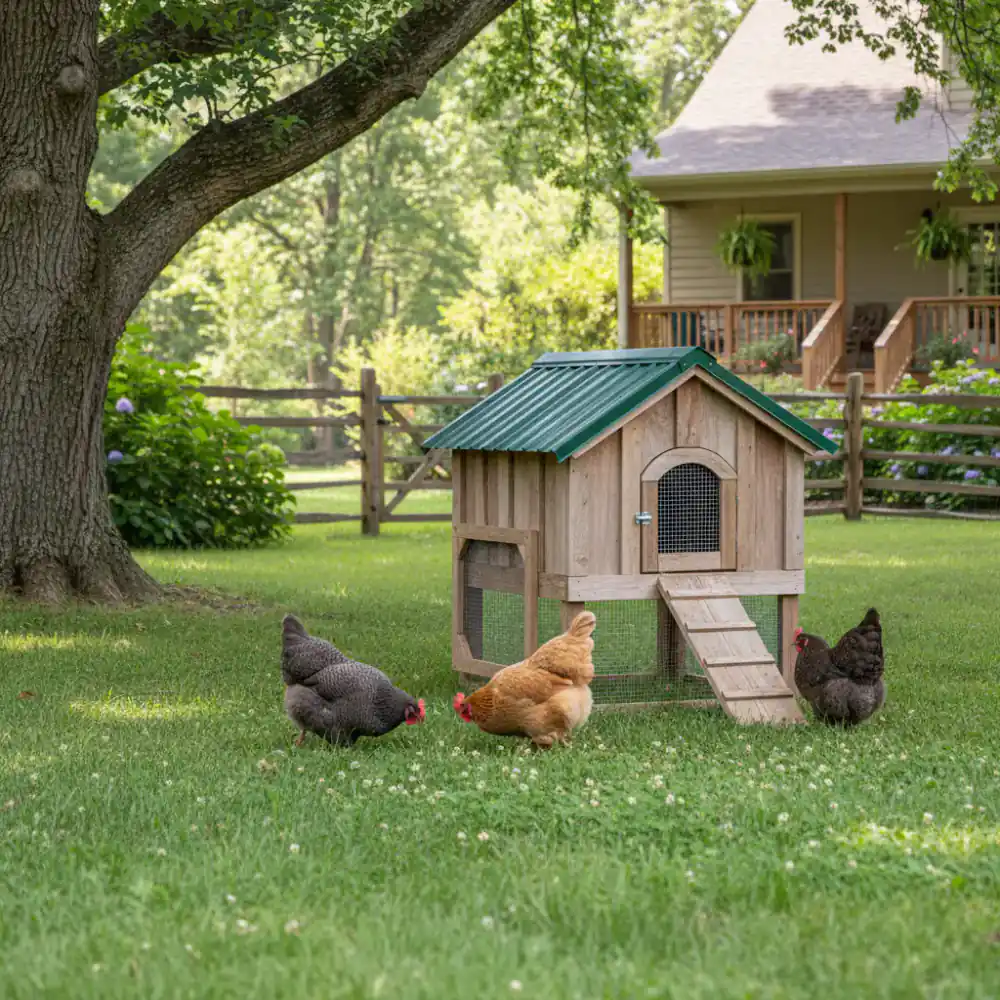 A small, tidy backyard chicken coop with free-range hens grazing on fresh grass