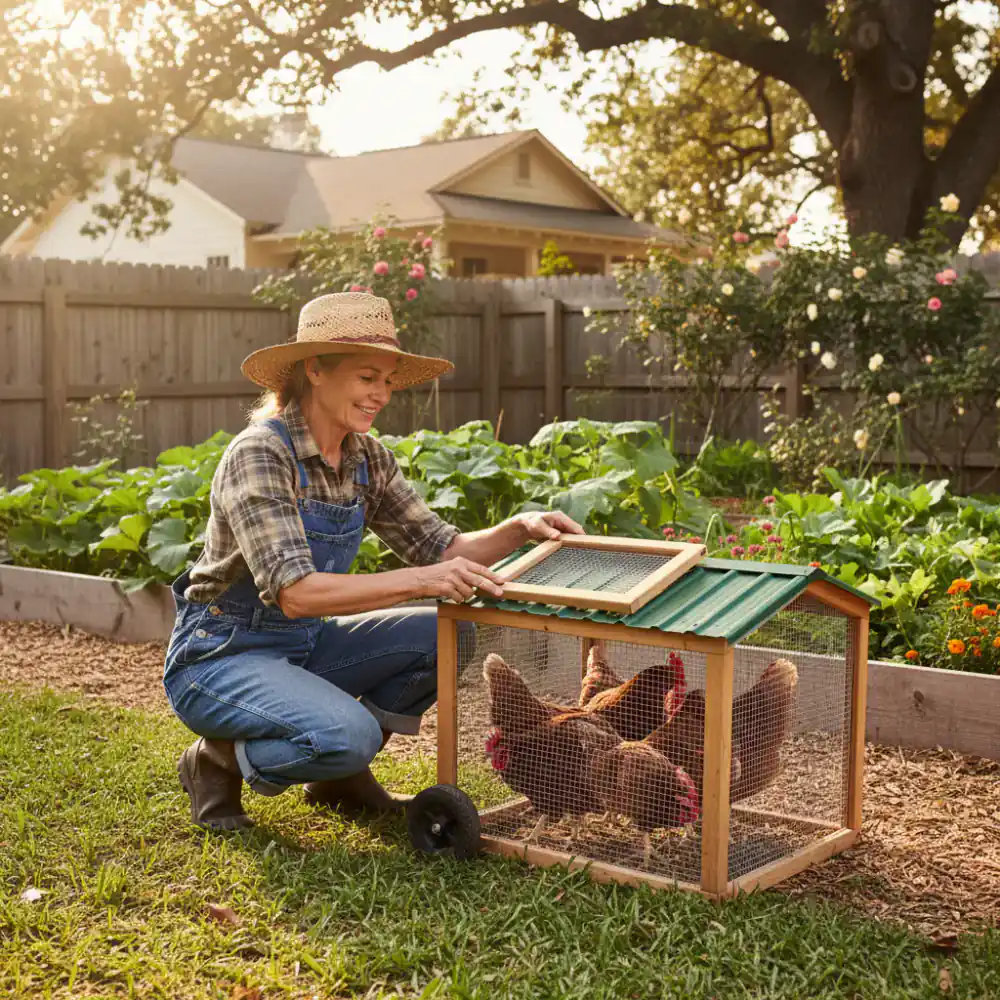 Farmer inspecting a small mobile chicken tractor in a backyard setting