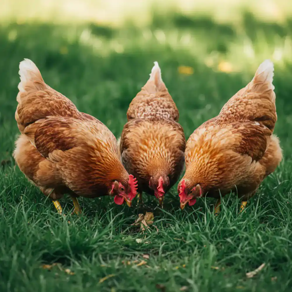 Close up of healthy free-range hens foraging in deep green grass