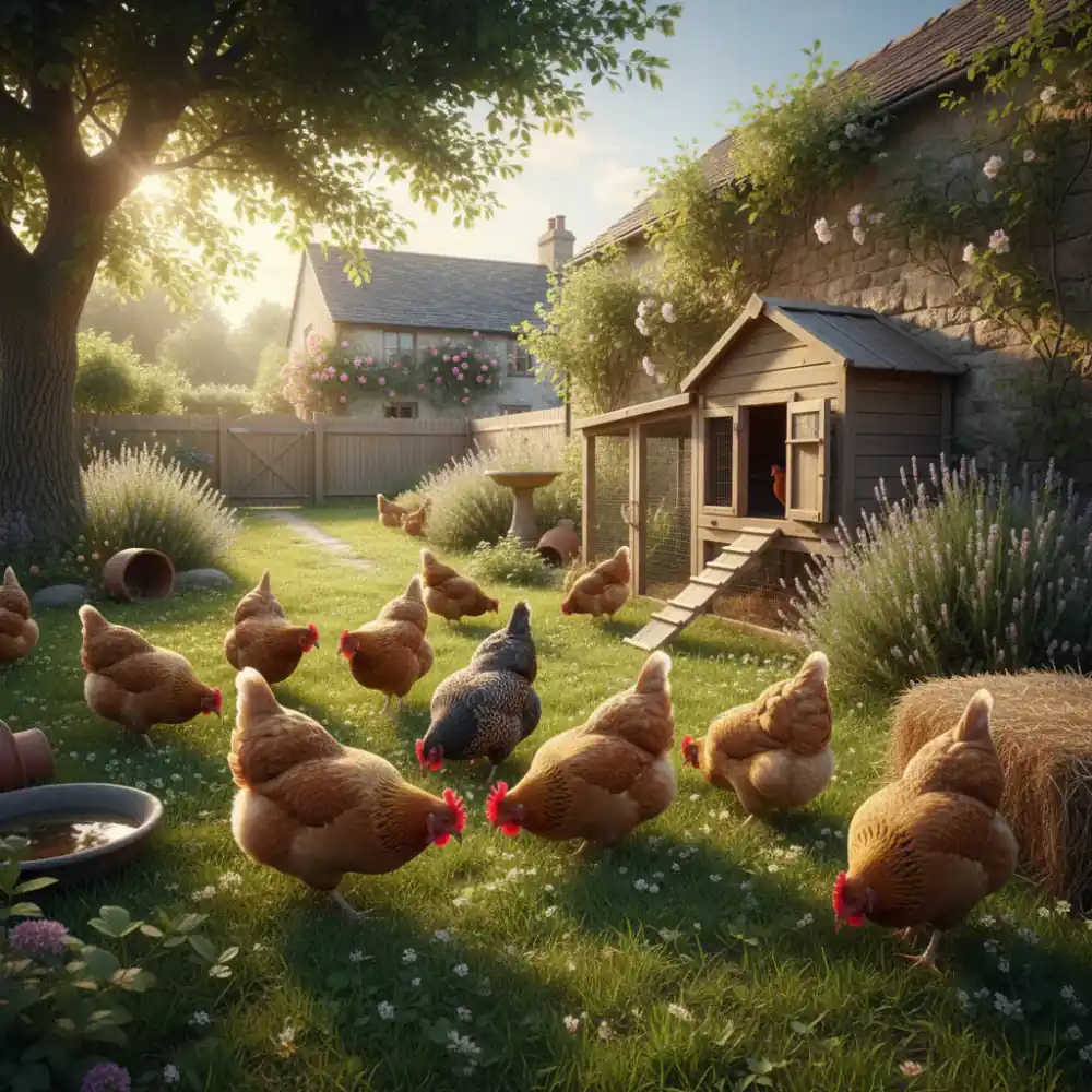 Healthy free-range hens grazing in a sunny backyard space