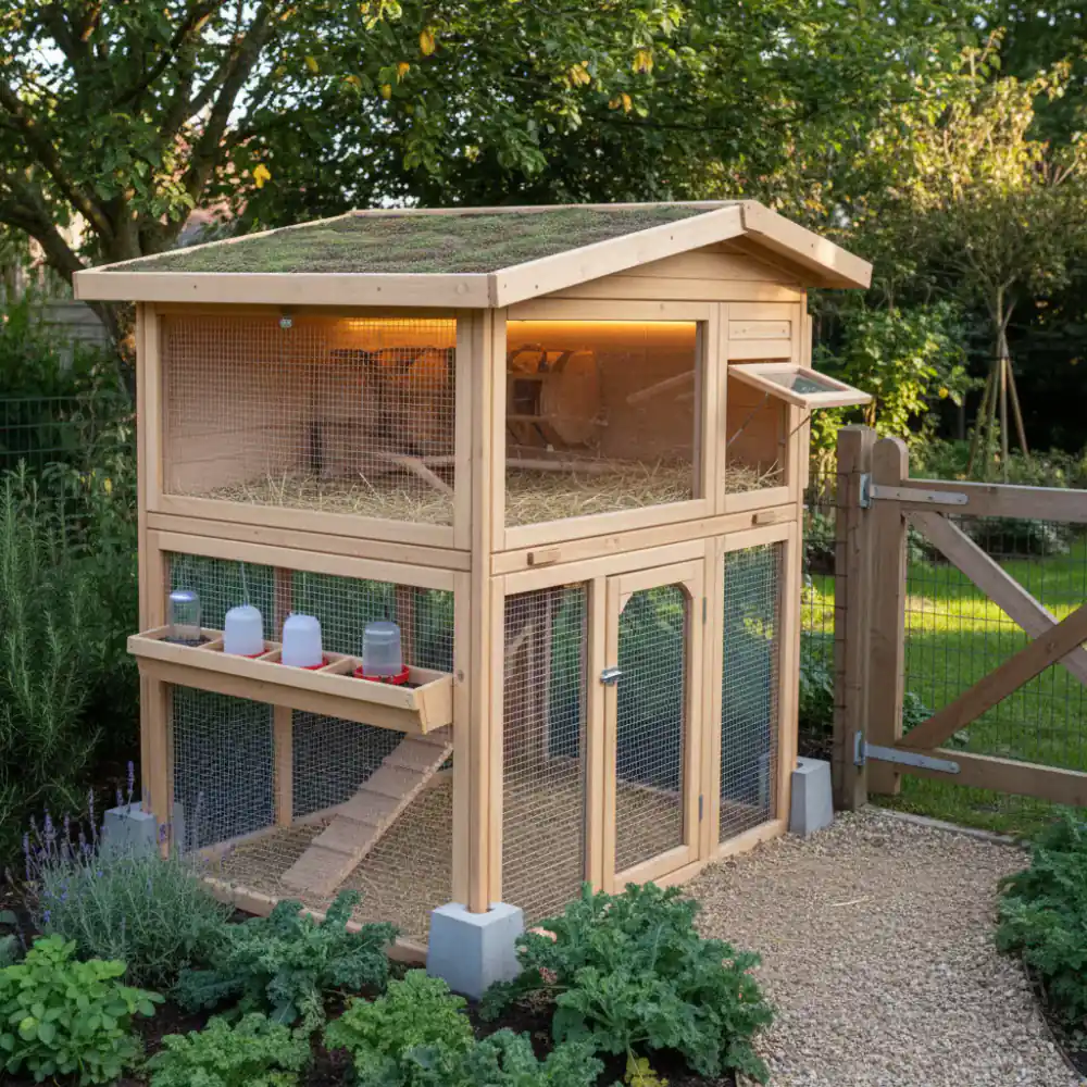 Detailed view of a secure, modern backyard chicken coop
