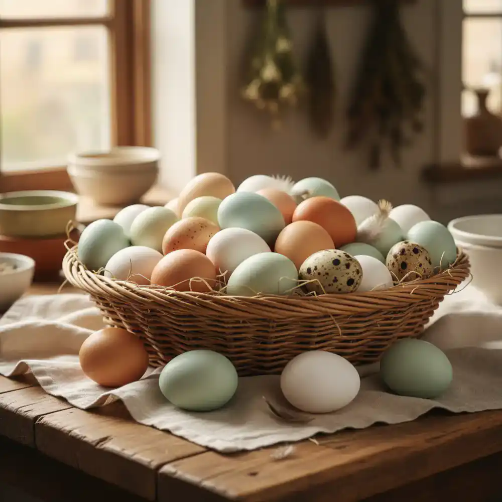 A woven basket filled with fresh, colorful farm eggs