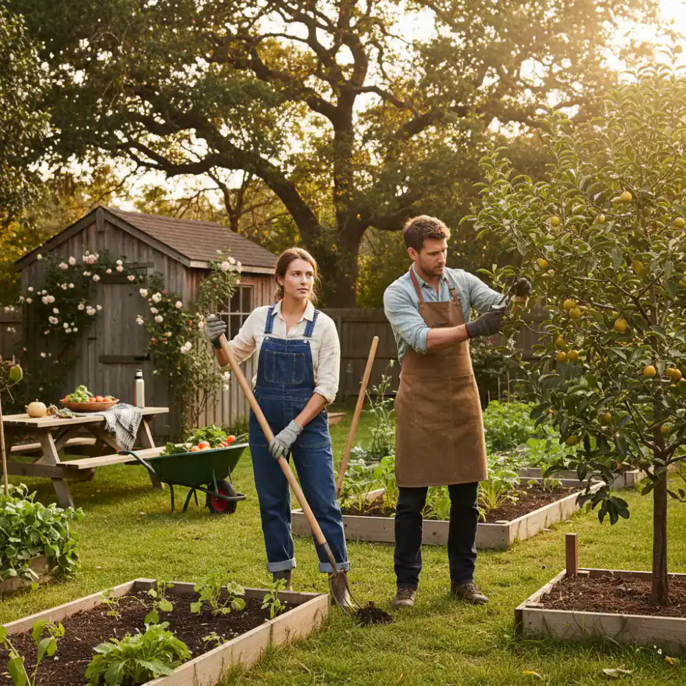 A stylistic rendering of the founders working in the yard
